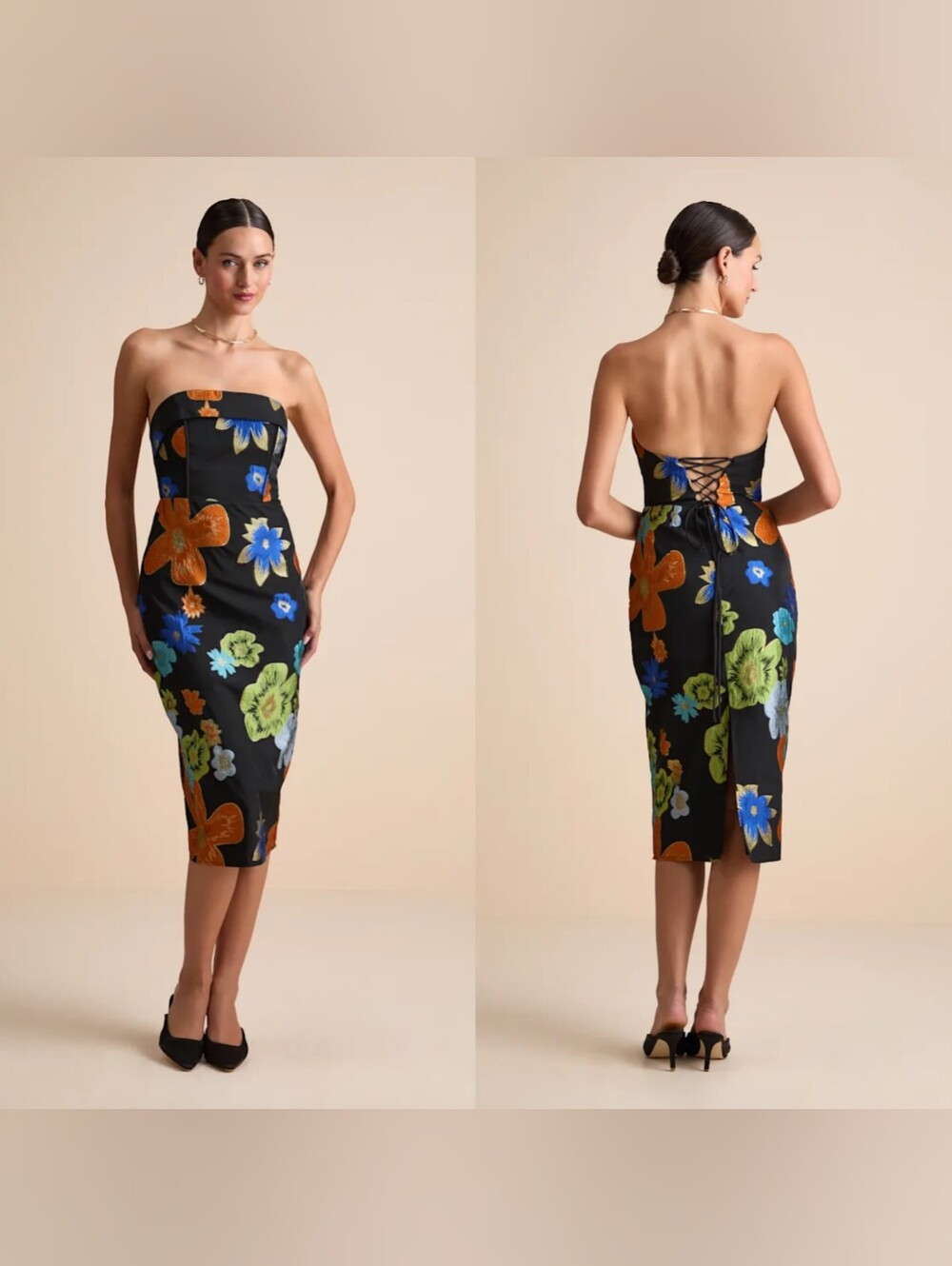 Lulus Wesson Black Floral Jacquard Lace-Up Strapless Midi Dress XL Wedding Party